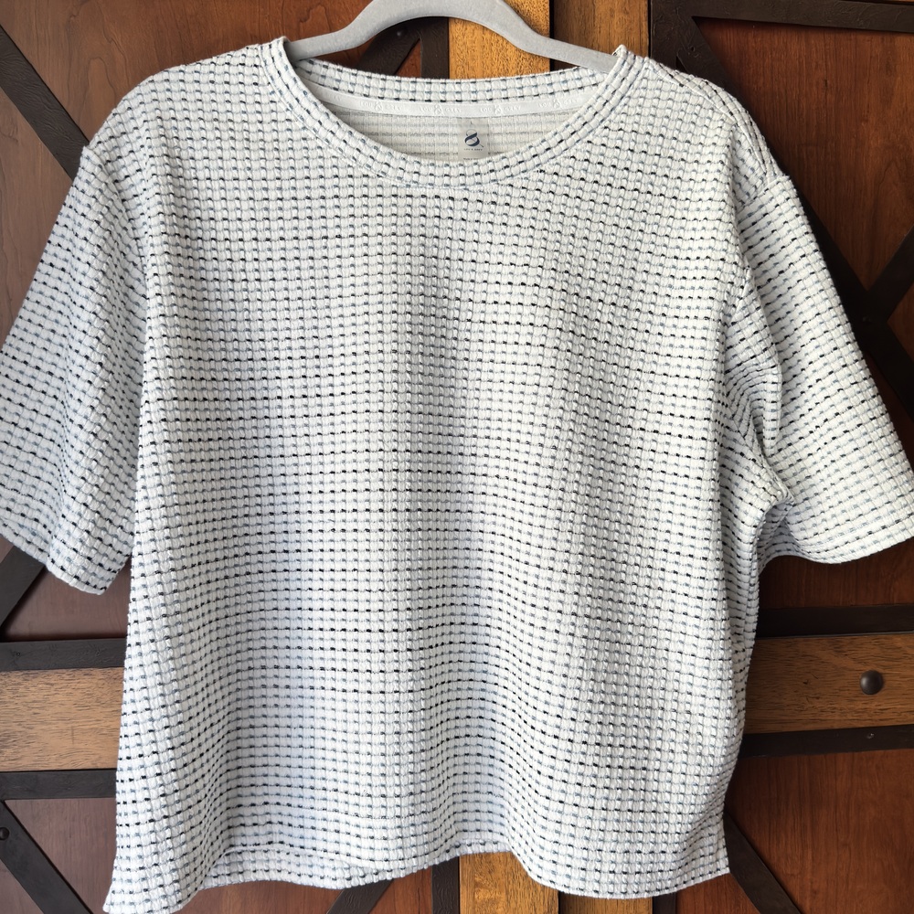 Lou & Grey LOFT White Navy Textured Waffle Knit Boxy Crop Tee  Sz L
